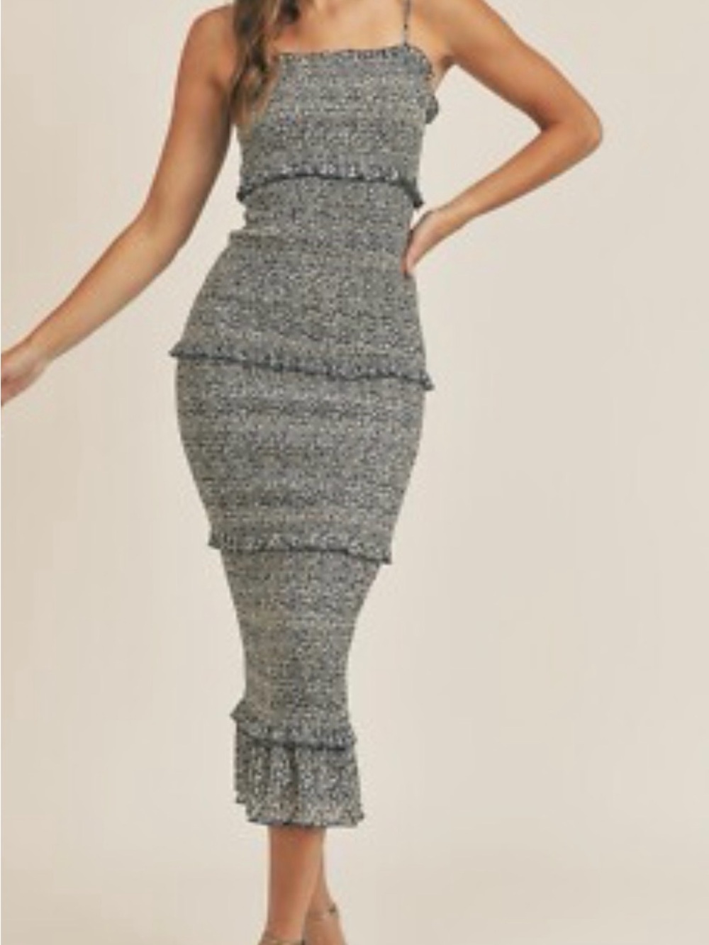 Smocked Ruffle Midi Dress in Gray